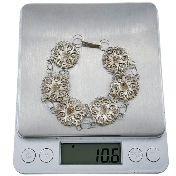 Filigree Sombrero Link Bracelet | Vintage Sterling Silver 925 | 7.75" - Picture 8 of 8